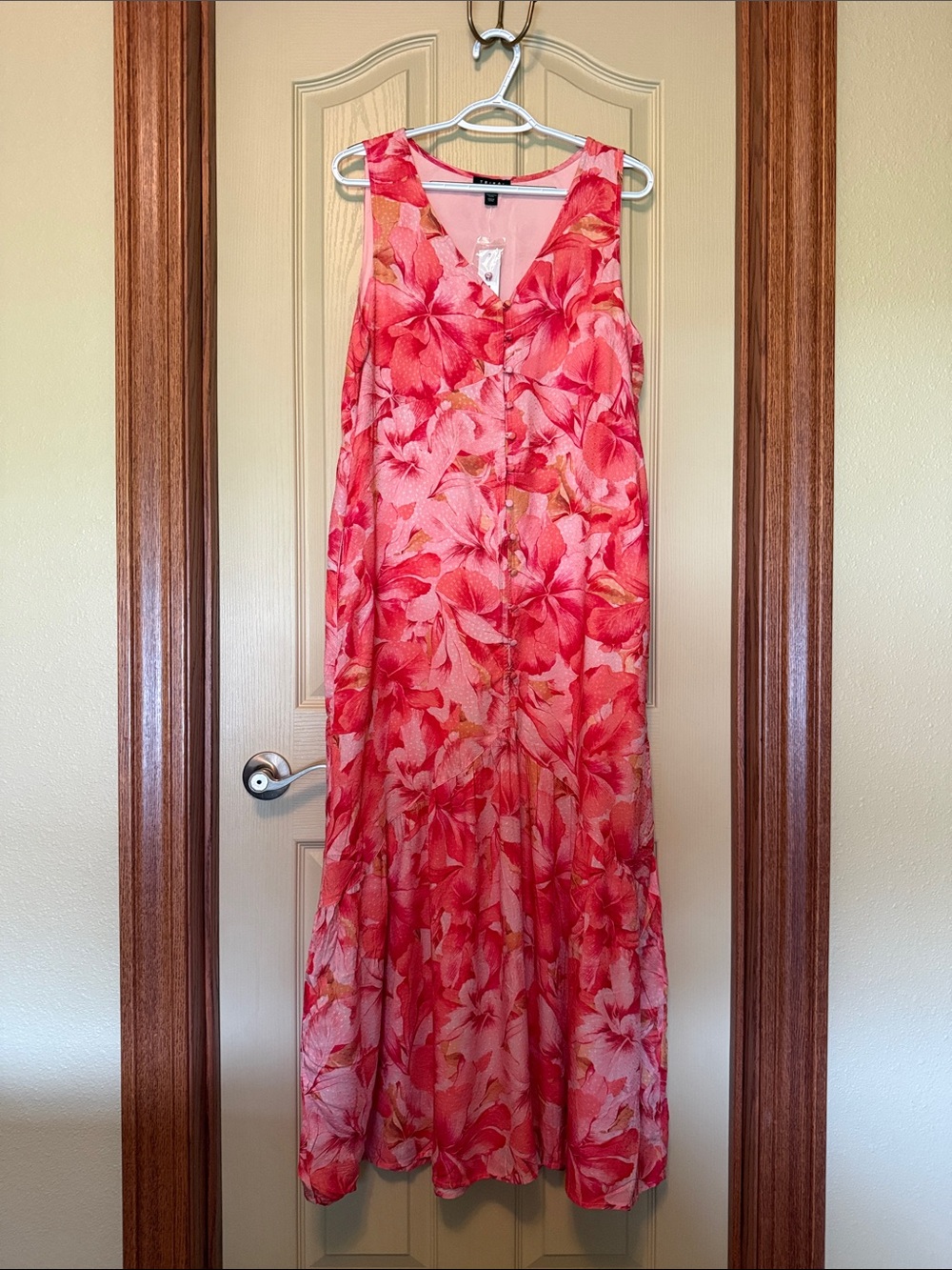 Tribal Coral Pink Floral Button-Front Sleeveless Maxi Dress